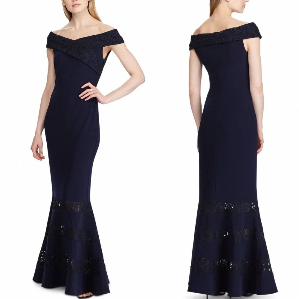 Ralph Lauren Off Shoulder Lace Formal Sheath Gown Navy Blue Size 14‎